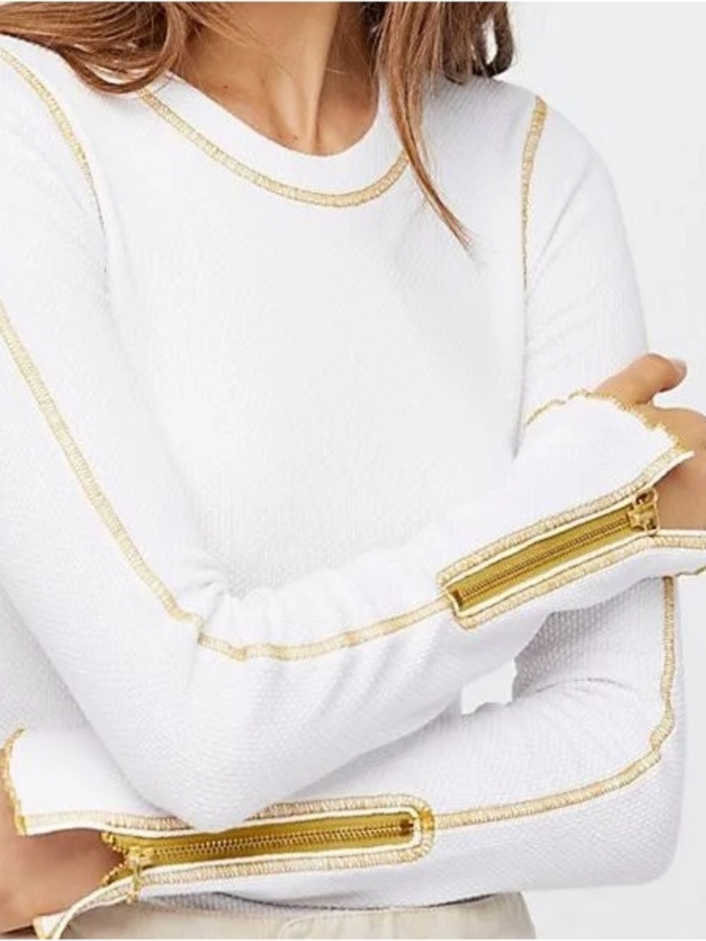 Free People Women’s White Zip It Cuff Waffle Knit Thermal Top Size Large - Picture 6 of 6